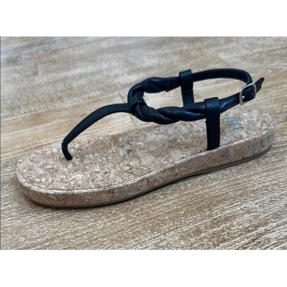 Paige Women Black Twisted Leather Cork Footbed T-Strap Sandals Size 8.5